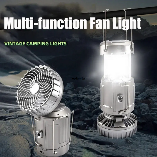 6 in 1 Portable Outdoor LED Camping Lantern with Fan Solar Rechargeable Power Bank Light